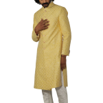 Square Pattern Yellow Sherwani Churidar Set - Modern Joy | Jaipurio